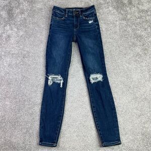 American Eagle Jeans Women's 0 Blue Skinny Mid-Rise Dark Denim Distressed